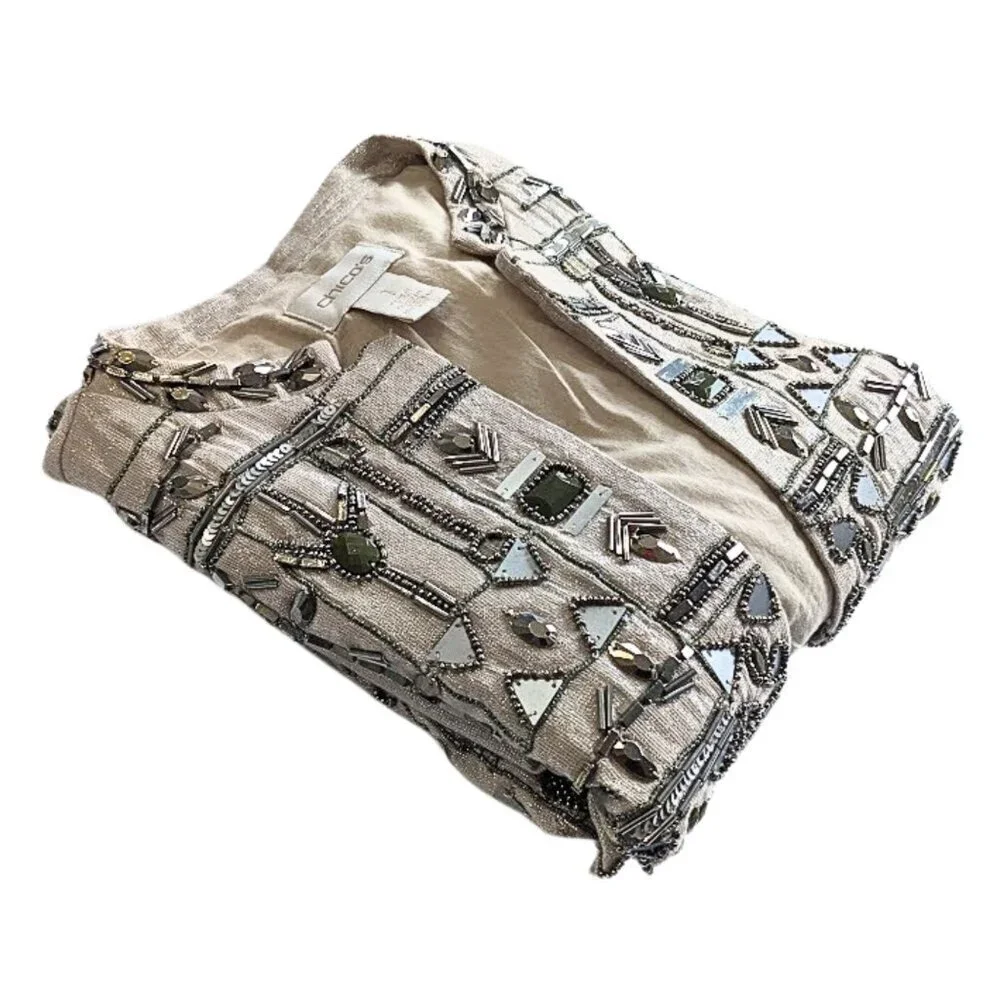 Vintage Y2K CHICOS Embellished Metallic Beige Aztec Beaded Cocktail Jacket Sz 1 - Picture 10 of 10